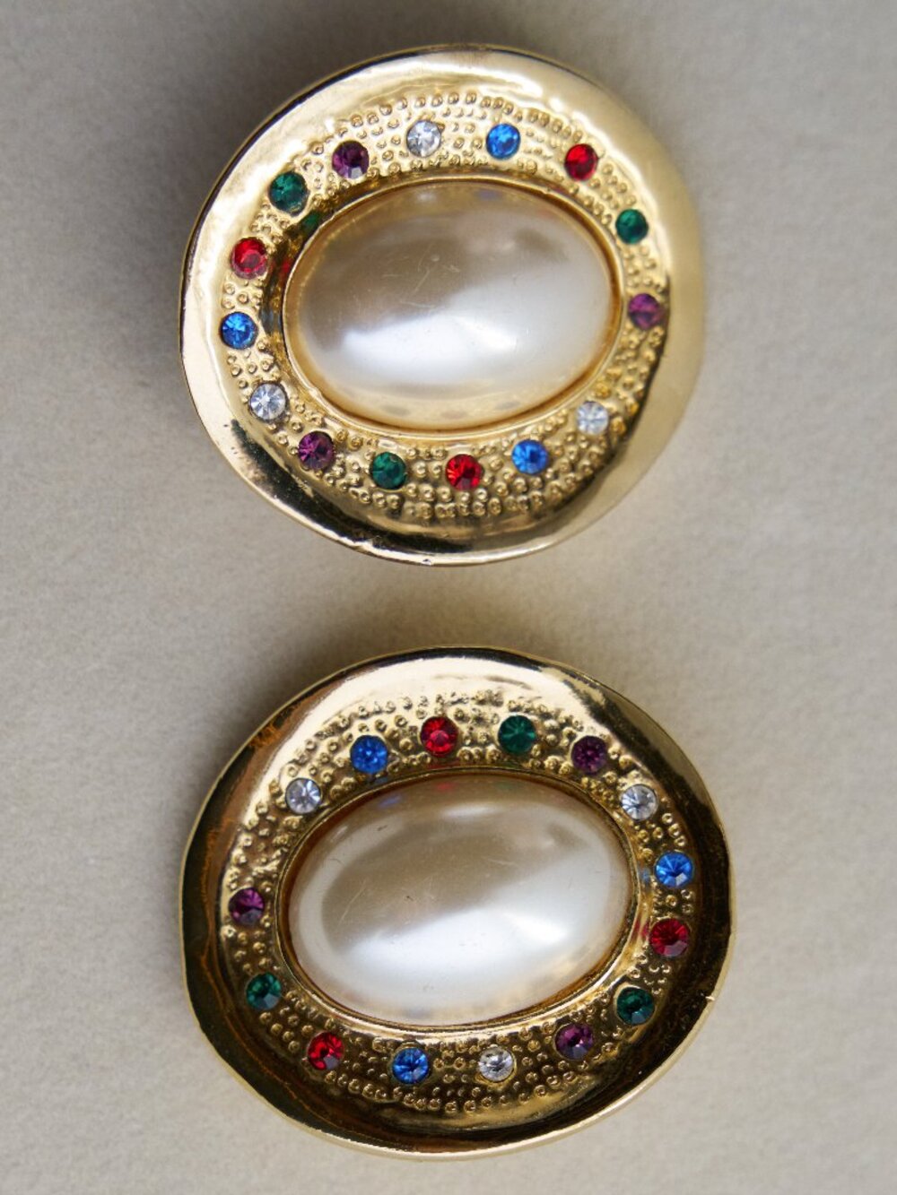 Oval Clip-On Earrings: Oversized Faux Pearl Cabochons with Multicolor Rhinestone